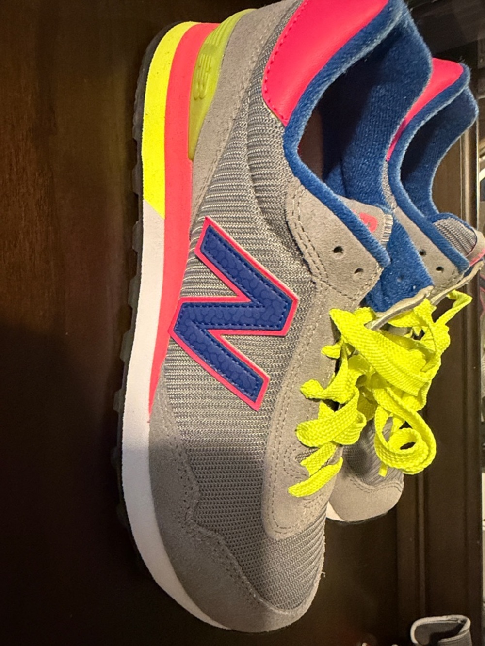New Balance Gray Sneakers with Blue Logo and Neon Yellow Laces